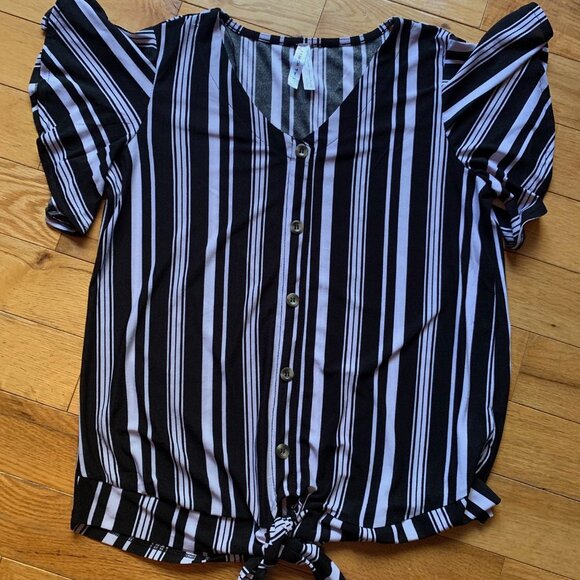 French Twist Black & White Striped Button Front Tie Blouse (M) - Picture 2 of 8